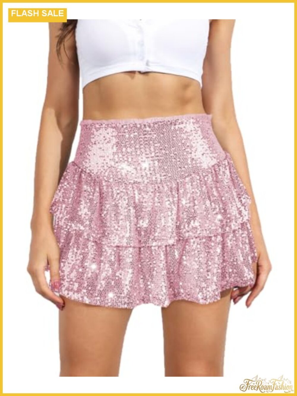 Women Sequin Skort Mini Skirt Ruffle Layer Flowy High Waist Party Night Out